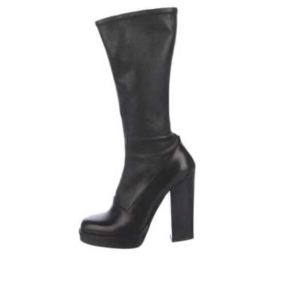 Prada Vintage Black Leather Sock Boots Size 38.5 High Block Heel Stretch Shaft - Picture 2 of 12